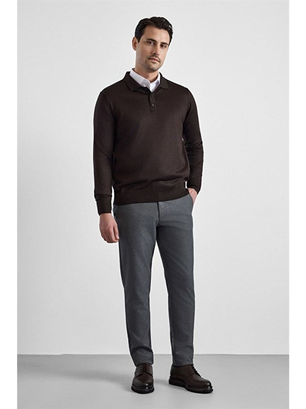 Kahverengi Koyu Kahve Regular Düz Düğmeli Polo Yaka Kazak-4