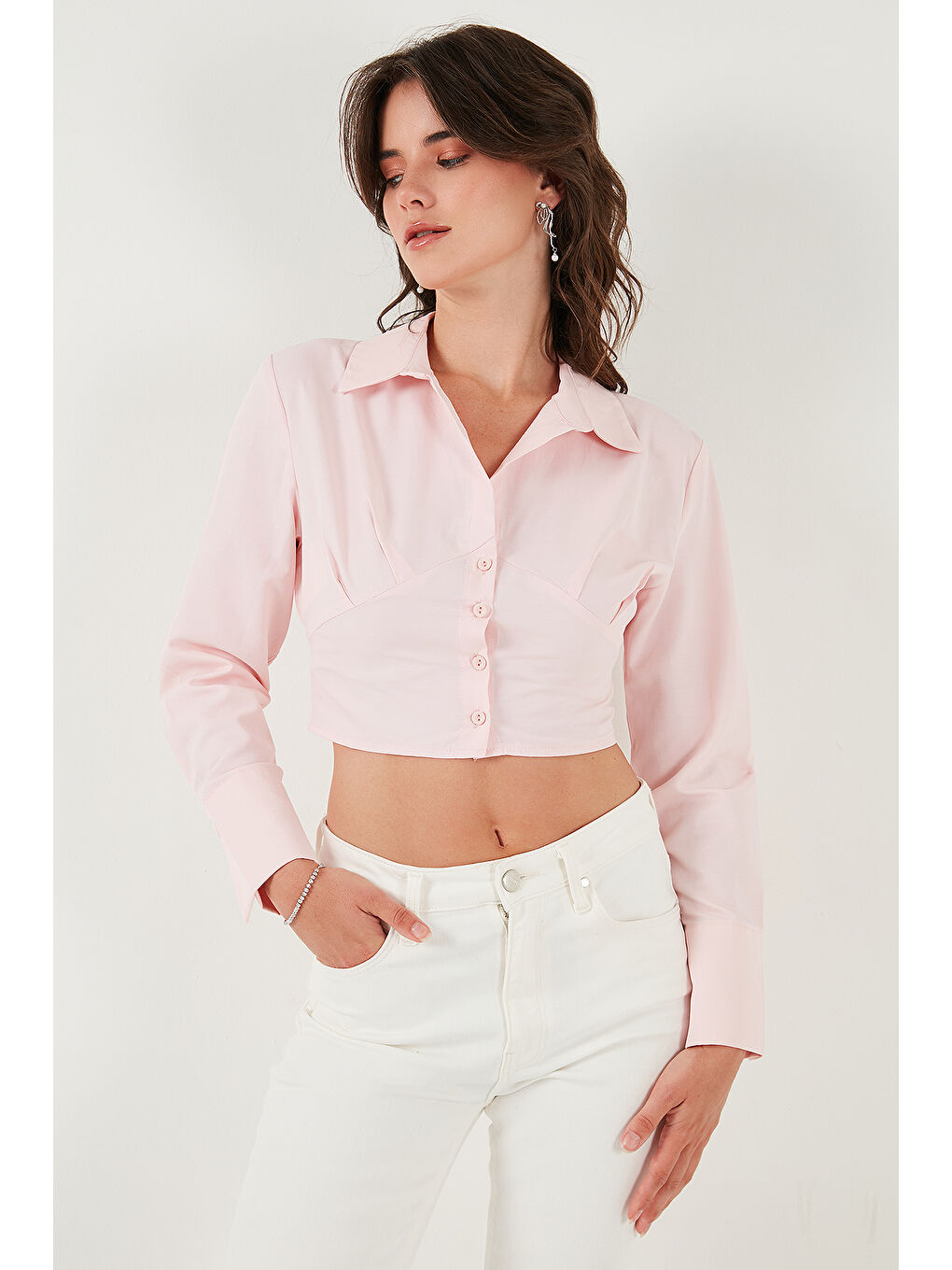 Pembe Fitted Fit Pamuklu Korse Detaylı Uzun Kollu Crop Gömlek 611GO00376-3