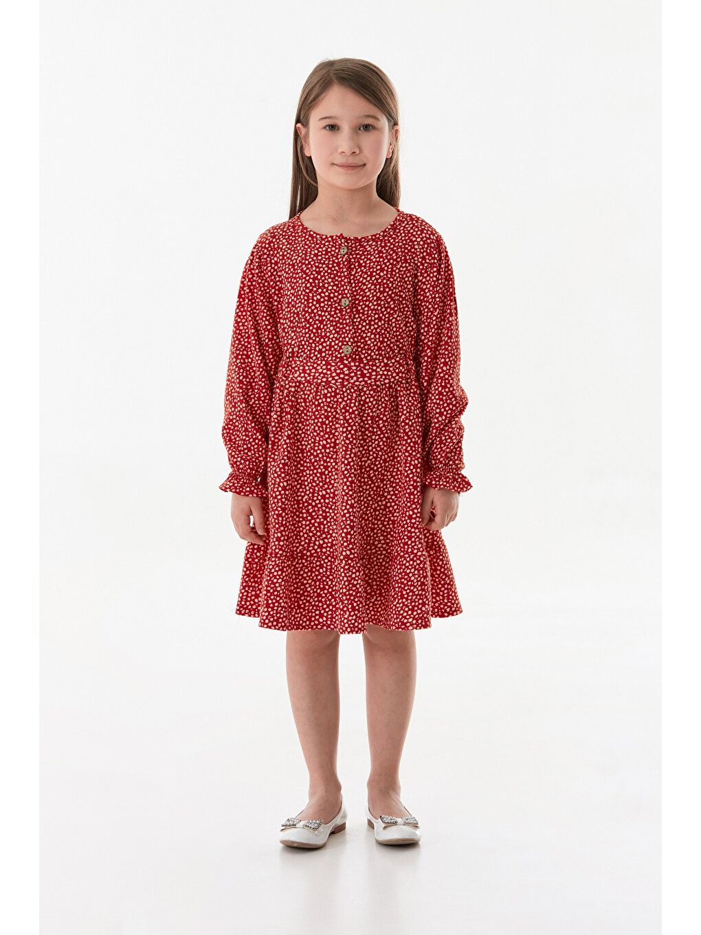 Kırmızı Çiçekli Önü Düğmeli Kız Çocuk Elbise-1