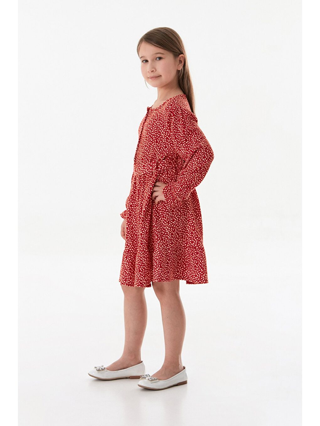 Kırmızı Çiçekli Önü Düğmeli Kız Çocuk Elbise-2