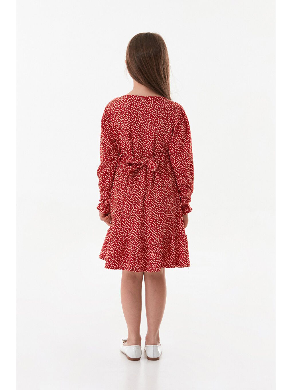 Kırmızı Çiçekli Önü Düğmeli Kız Çocuk Elbise-4