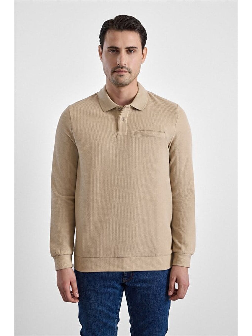 Bej Regular Düz Baskısız Selanik Düğmeli Polo Yaka Torba Cep Trikolu Standart Sweatshirt