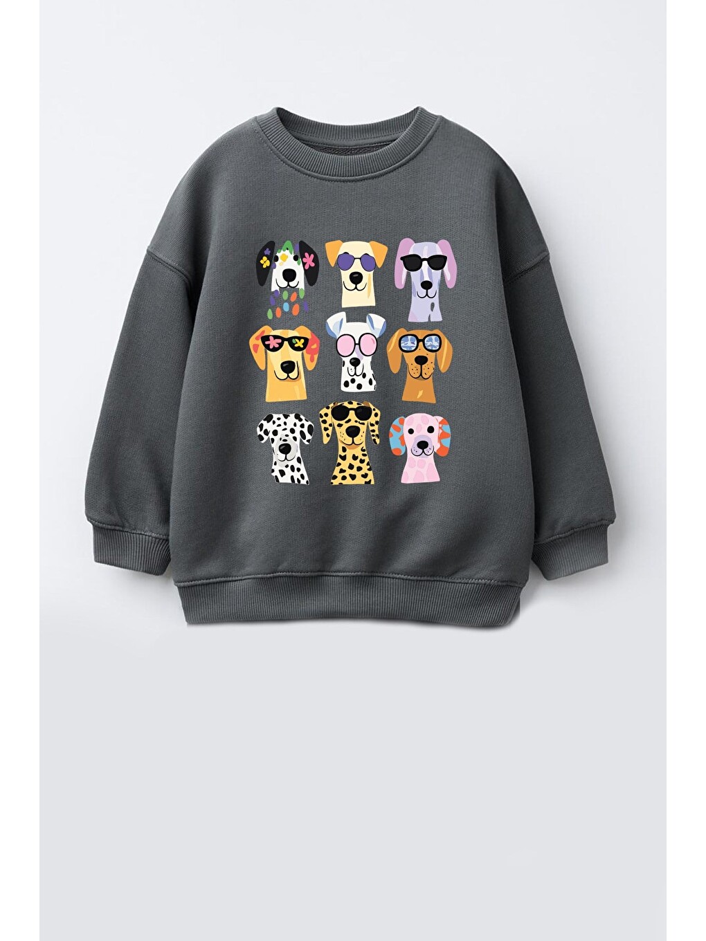 Antrasit Kız Çocuk 3 İplik Kumaş Pamuklu Köpek Baskılı Sweatshirt