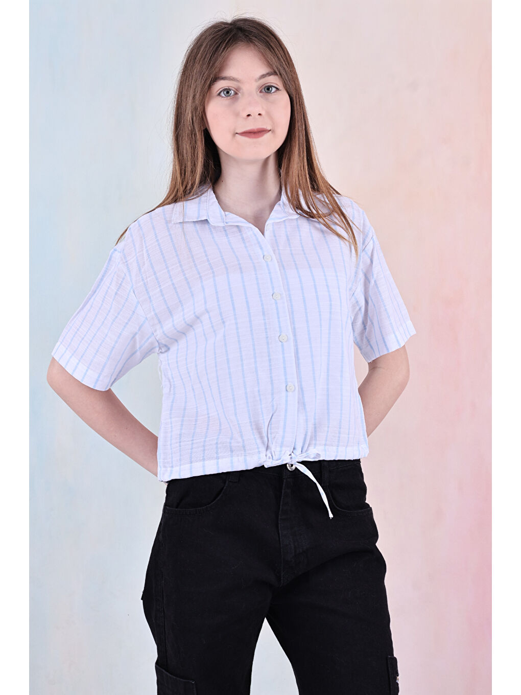 Mavi Kız Çocuk Bel Büzgü Detaylı Crop Gömlek 6-14 Yaş 12253-4