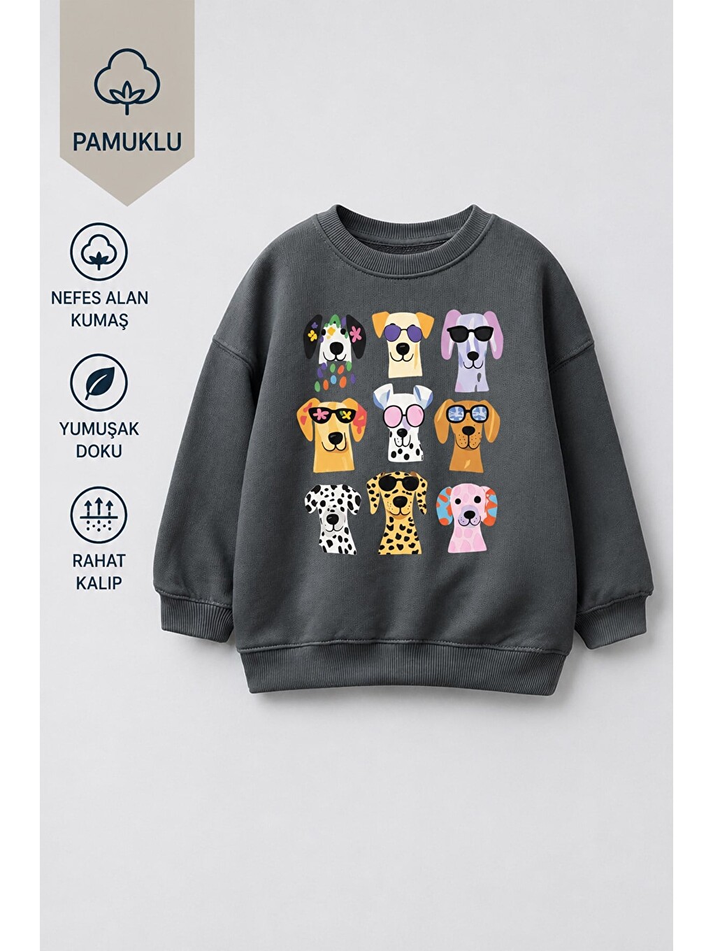 Antrasit Kız Çocuk 3 İplik Kumaş Pamuklu Köpek Baskılı Sweatshirt-2