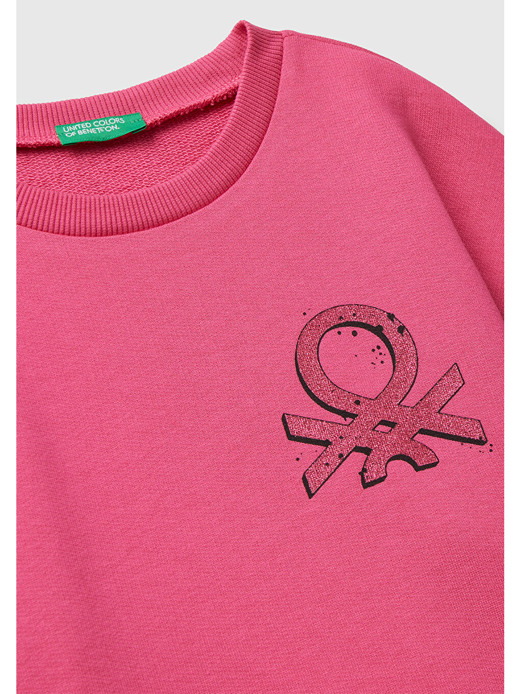 Kız Çocuk Pembe Parıltılı Logo Baskılı Ribanalı Bisiklet Yaka Sweatshirt-2