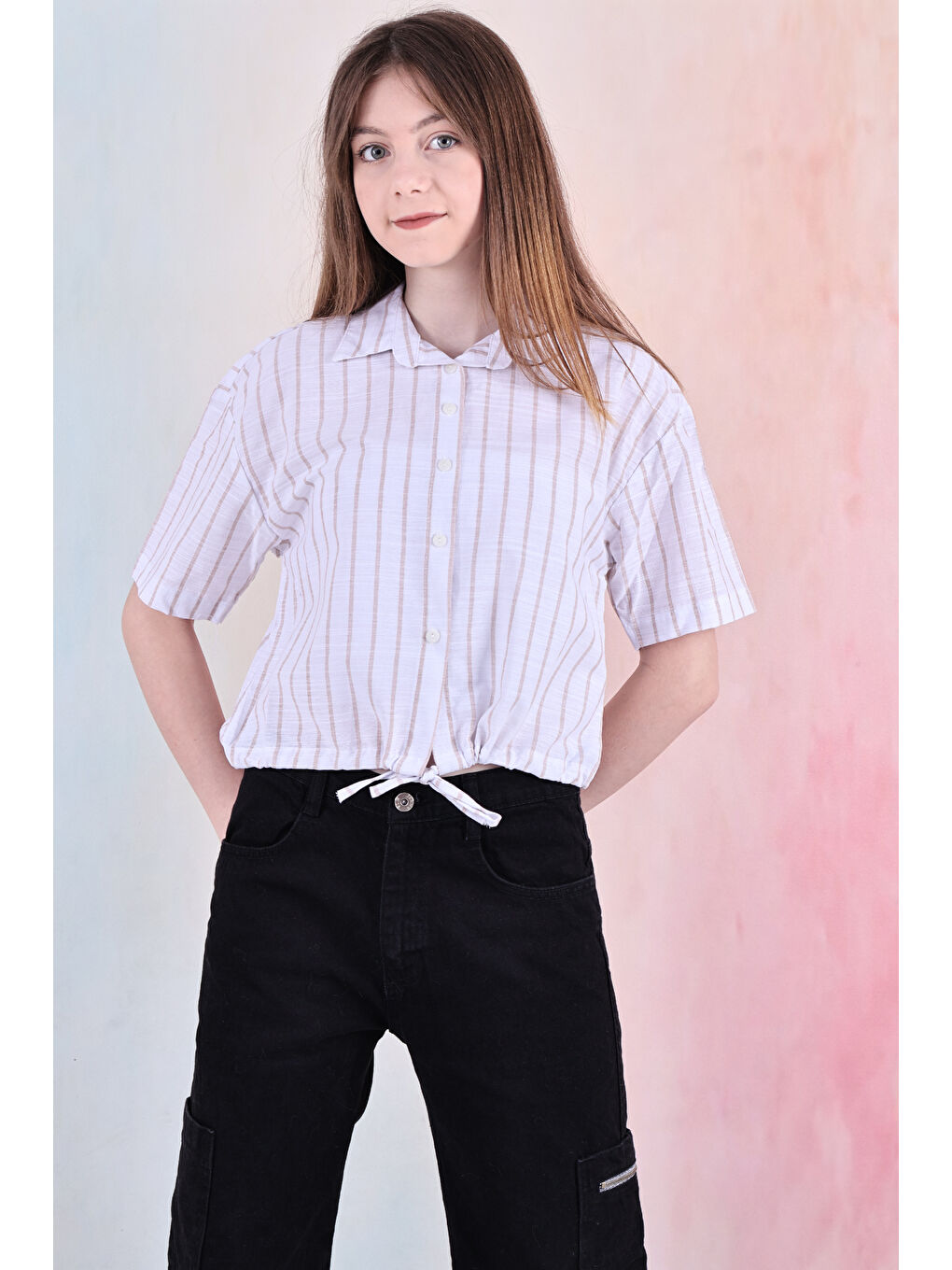 Kahverengi Kız Çocuk Bel Büzgü Detaylı Crop Gömlek 6-14 Yaş 12253