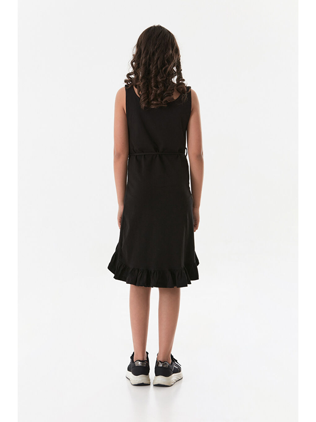Siyah Beli Bağlamalı Eteği Fırfırlı Kız Çocuk Elbise-2