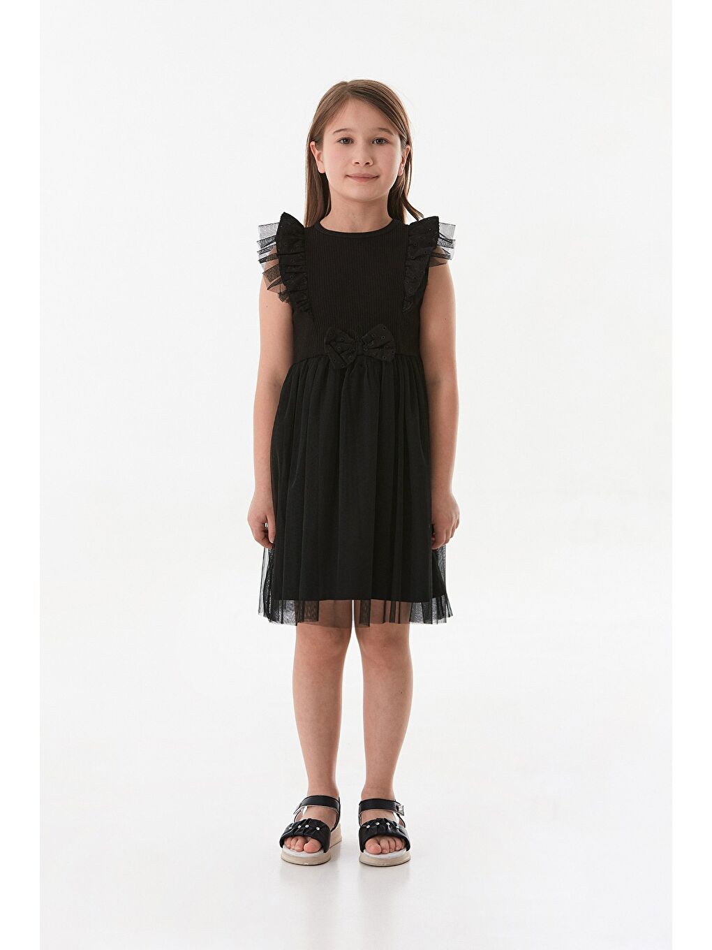 Siyah 23 Nisan Dantel Detaylı Kolları Fırfırlı Kız Çocuk Tütü Elbise-1