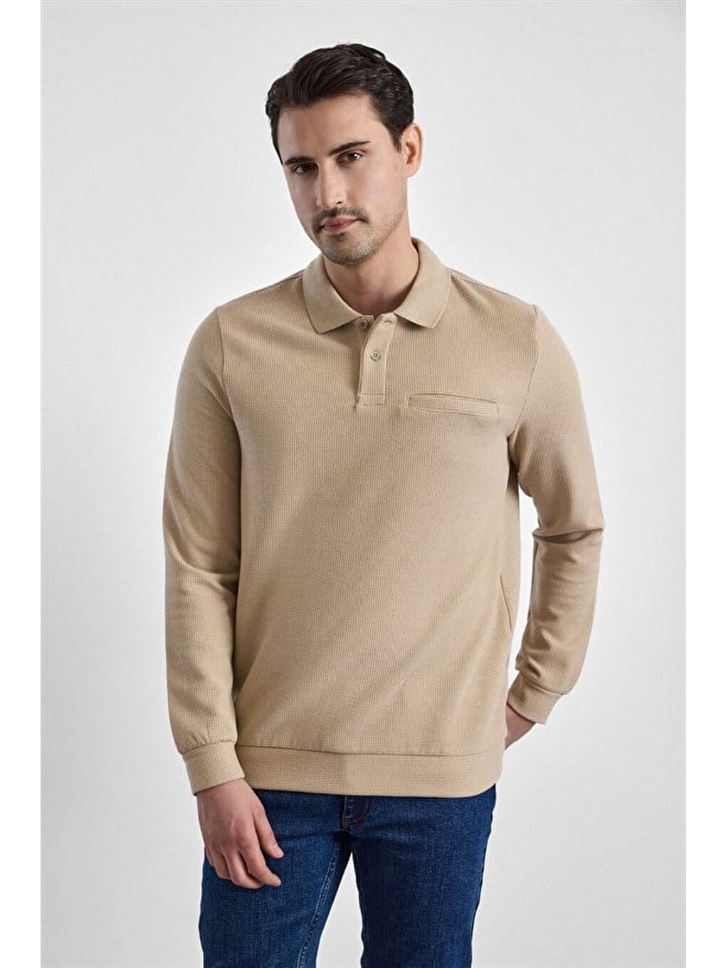Bej Regular Düz Baskısız Selanik Düğmeli Polo Yaka Torba Cep Trikolu Standart Sweatshirt-1
