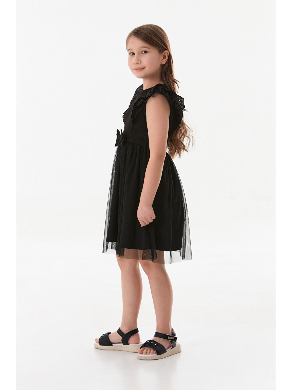 Siyah 23 Nisan Dantel Detaylı Kolları Fırfırlı Kız Çocuk Tütü Elbise-2