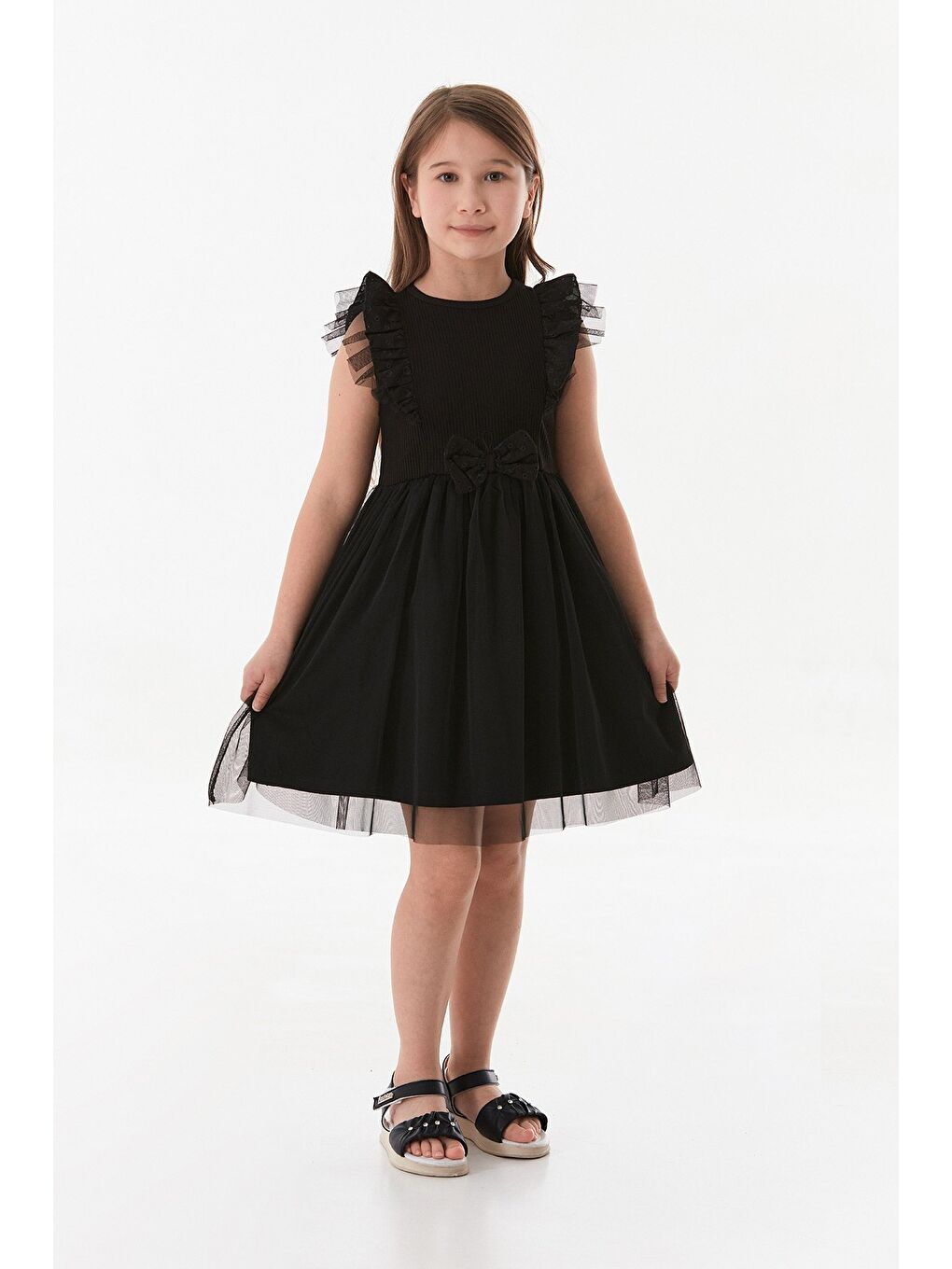 Siyah 23 Nisan Dantel Detaylı Kolları Fırfırlı Kız Çocuk Tütü Elbise-3