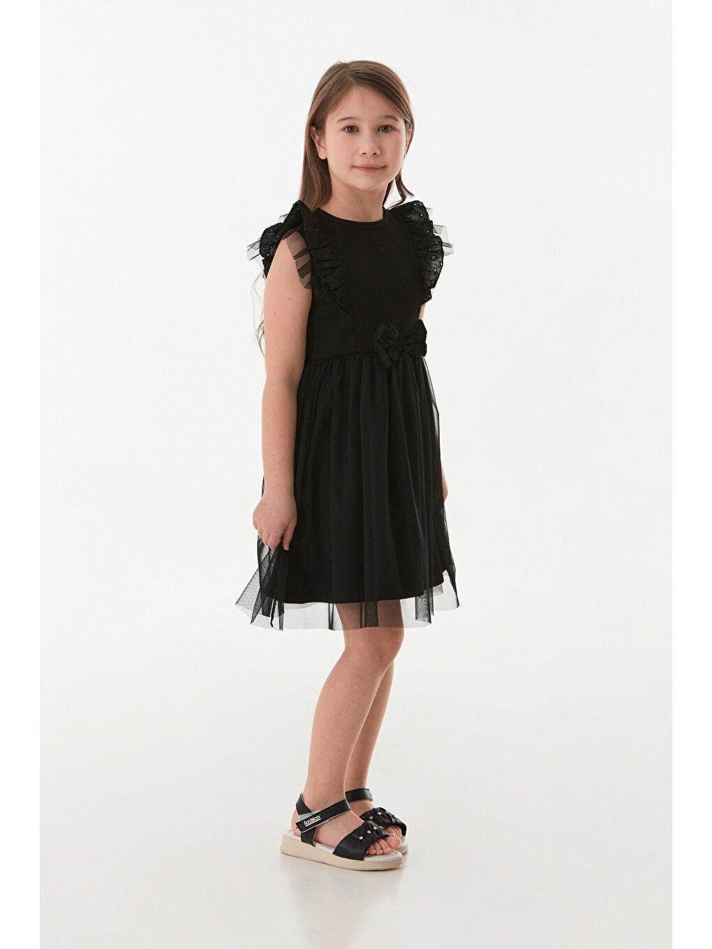 Siyah 23 Nisan Dantel Detaylı Kolları Fırfırlı Kız Çocuk Tütü Elbise-4