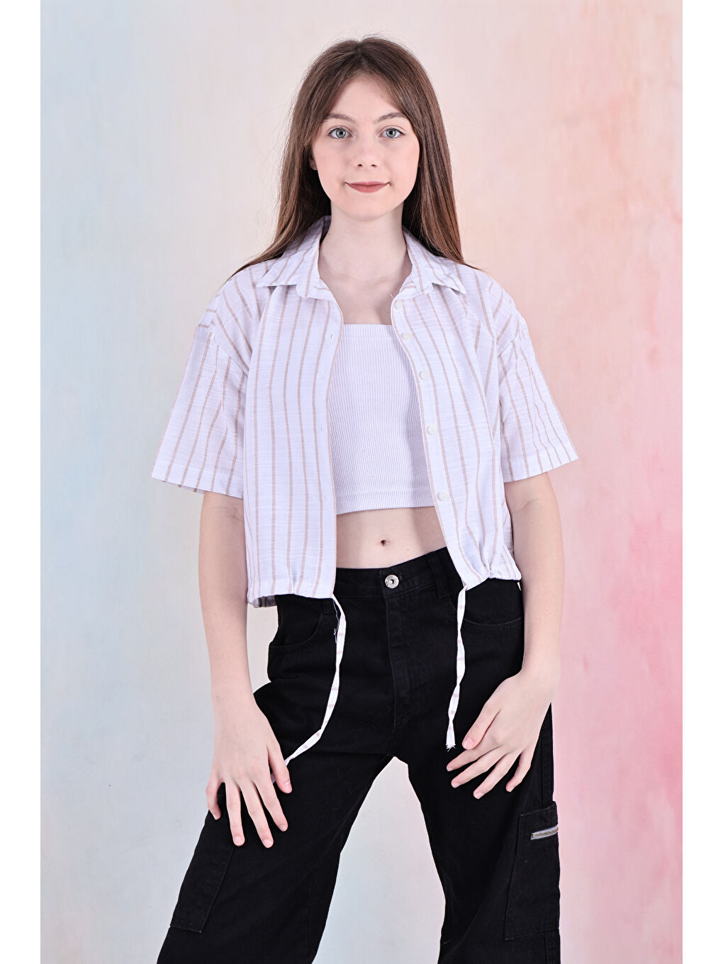 Kahverengi Kız Çocuk Bel Büzgü Detaylı Crop Gömlek 6-14 Yaş 12253-1