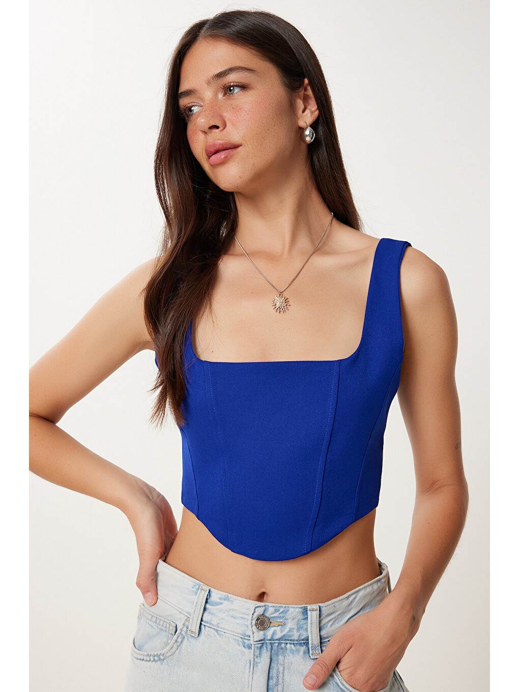 Mavi Askılı Crop Dokuma Bluz KOYU MAVİ LMX0096