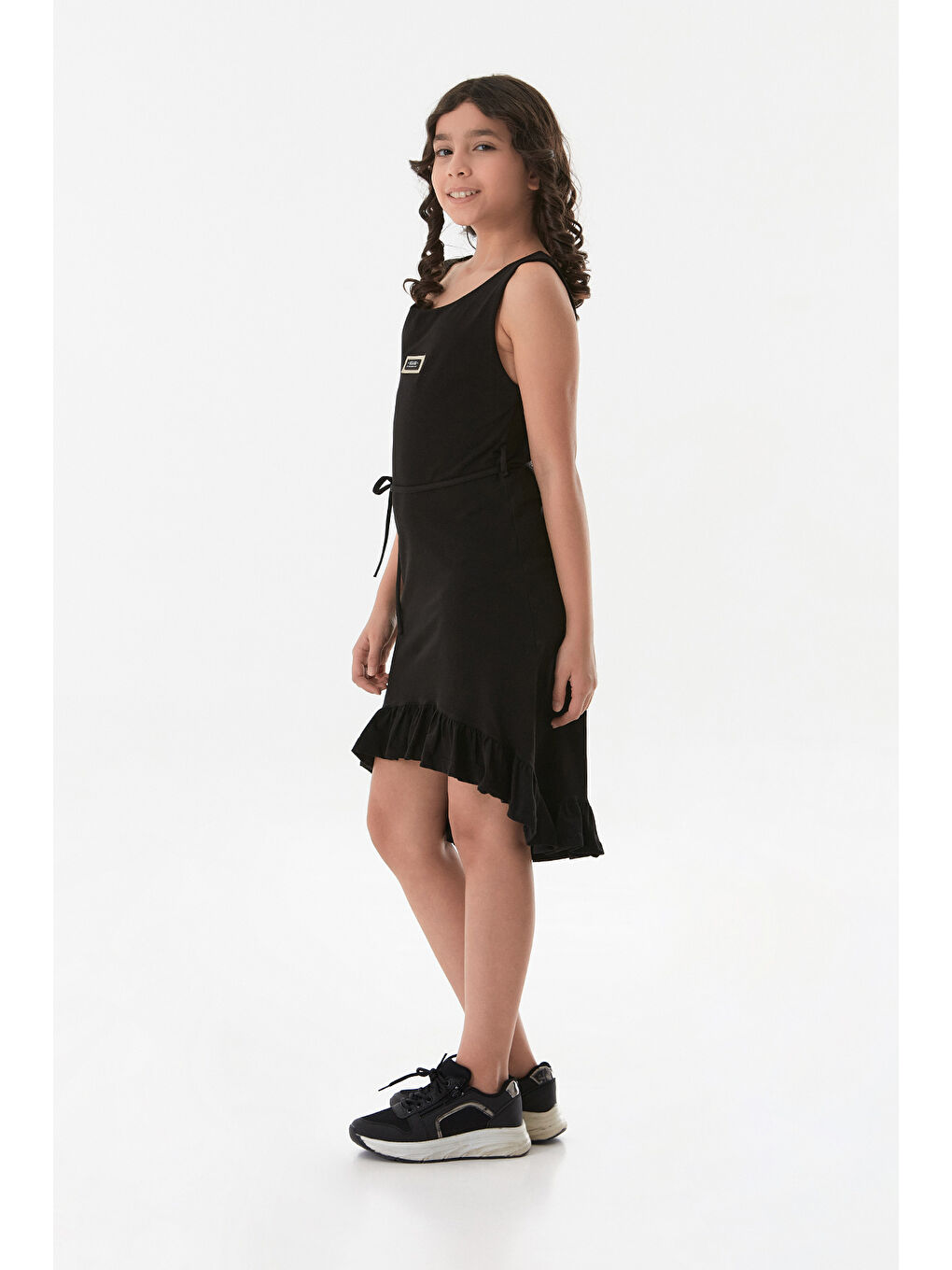 Siyah Beli Bağlamalı Eteği Fırfırlı Kız Çocuk Elbise-3