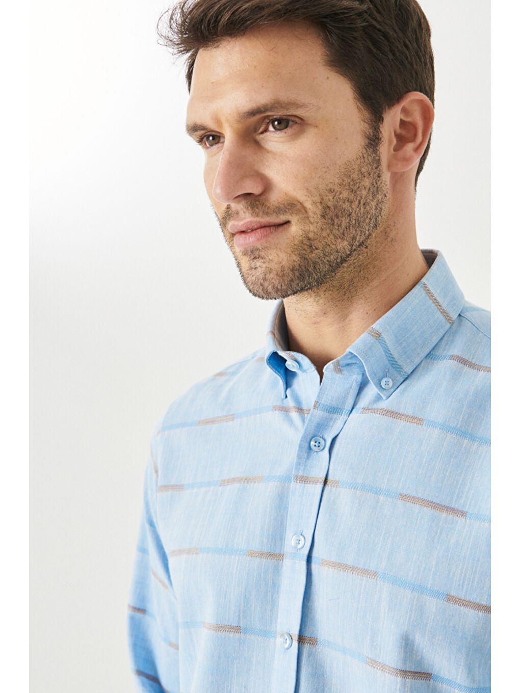 Erkek Açık Mavi Comfort Fit Rahat Kesim Düğmeli Yaka %100 Pamuk Çizgili Gömlek-2