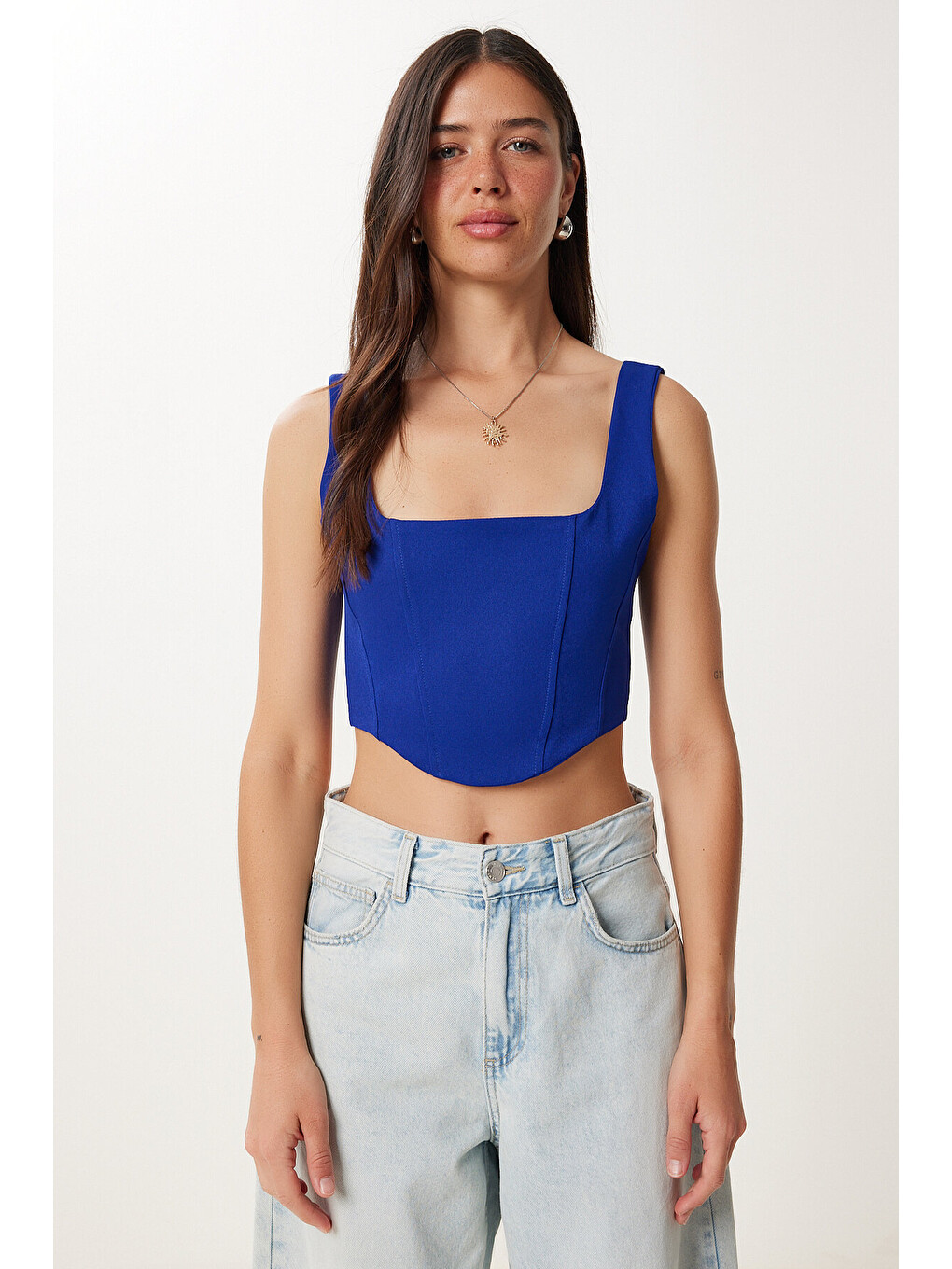 Mavi Askılı Crop Dokuma Bluz KOYU MAVİ LMX0096-1