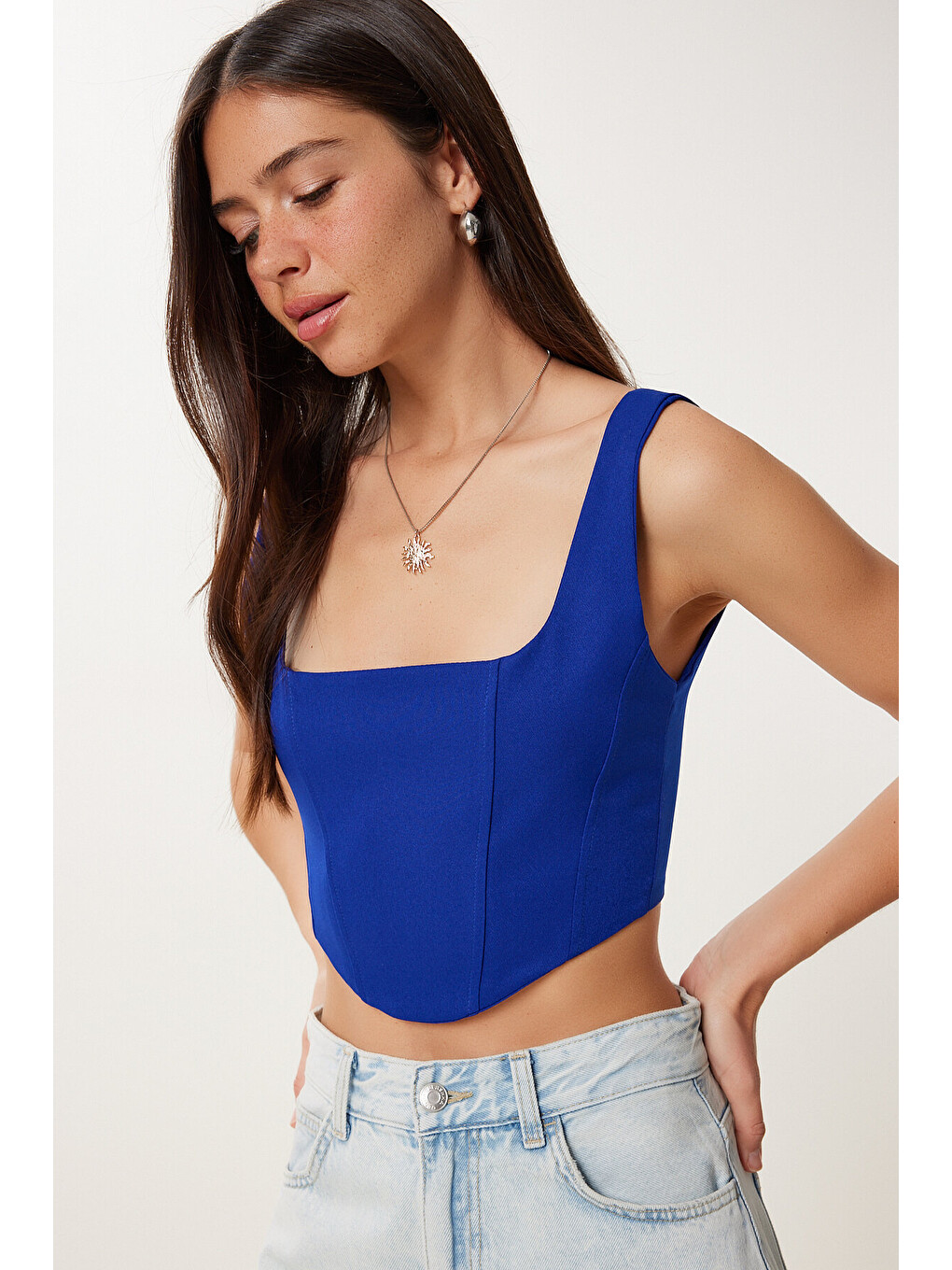 Mavi Askılı Crop Dokuma Bluz KOYU MAVİ LMX0096-2
