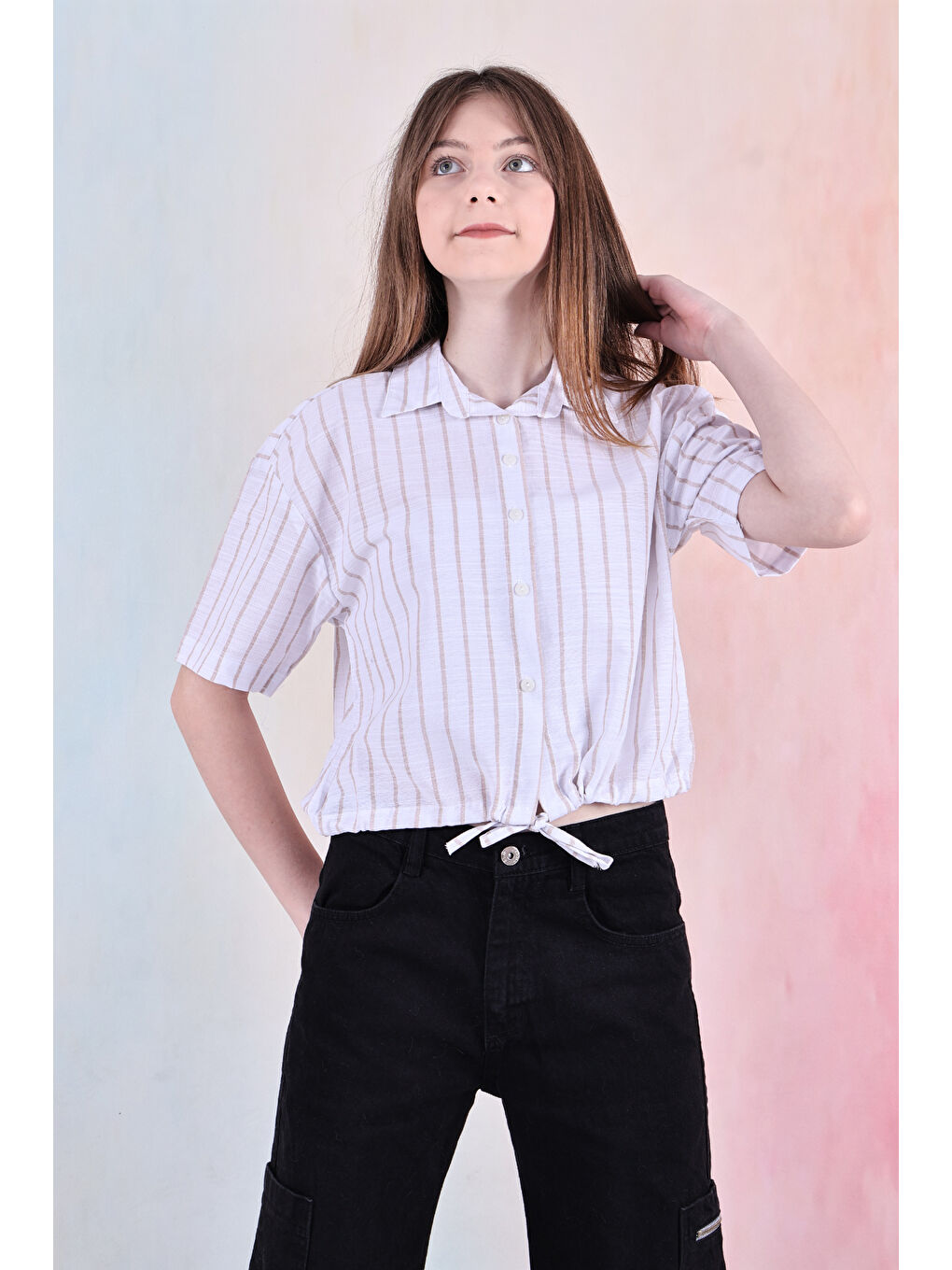 Kahverengi Kız Çocuk Bel Büzgü Detaylı Crop Gömlek 6-14 Yaş 12253-2