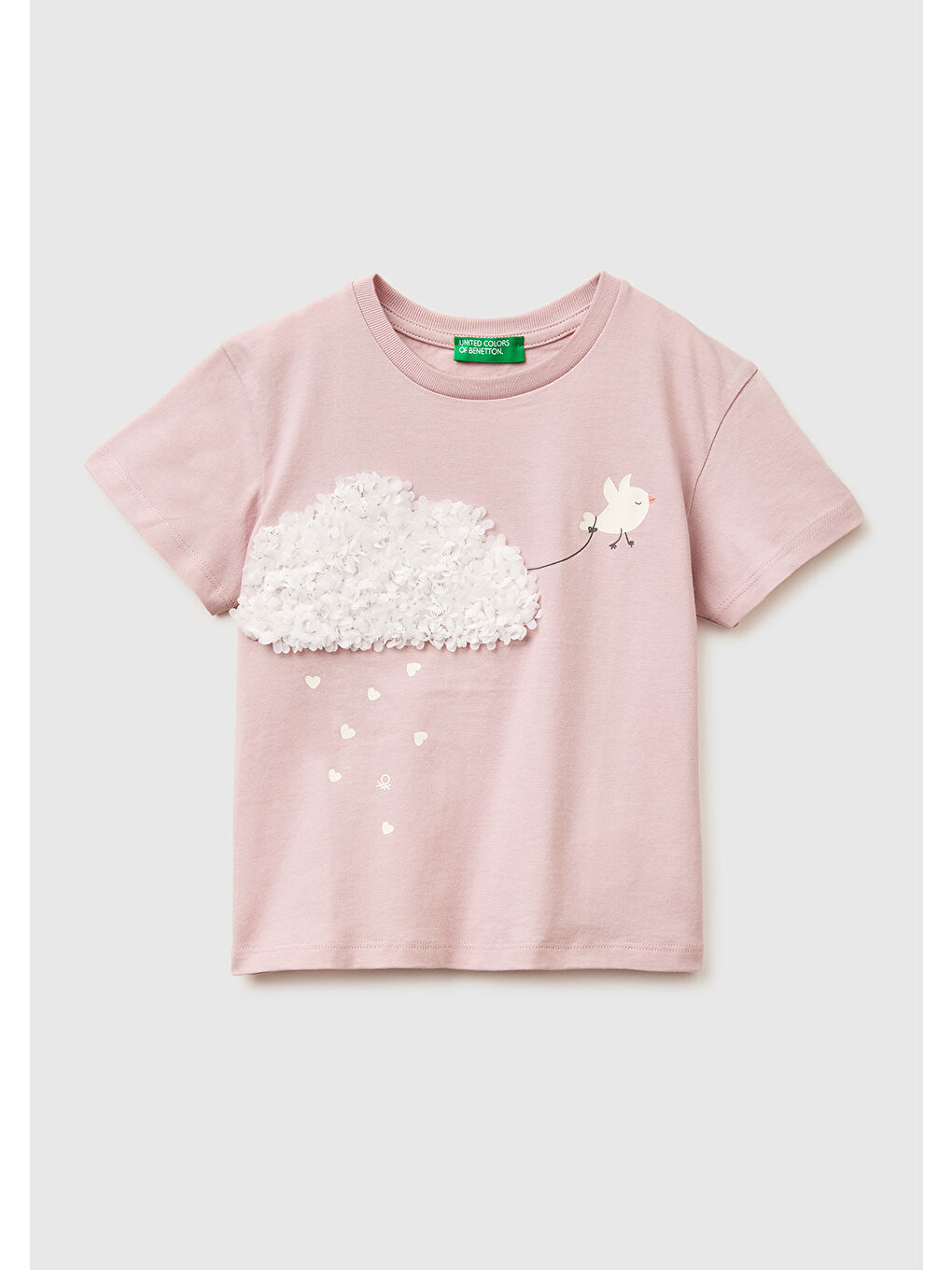 Pembe Kız Çocuk Gül Kurusu Su Bazlı Baskılı İşlemeli Bisiklet Yaka T-Shirt