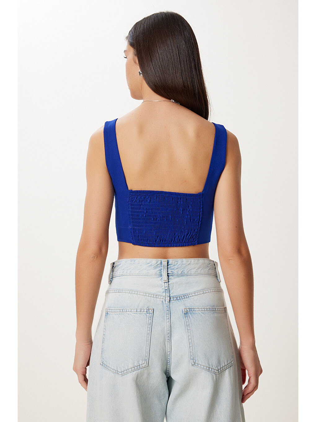 Mavi Askılı Crop Dokuma Bluz KOYU MAVİ LMX0096-4