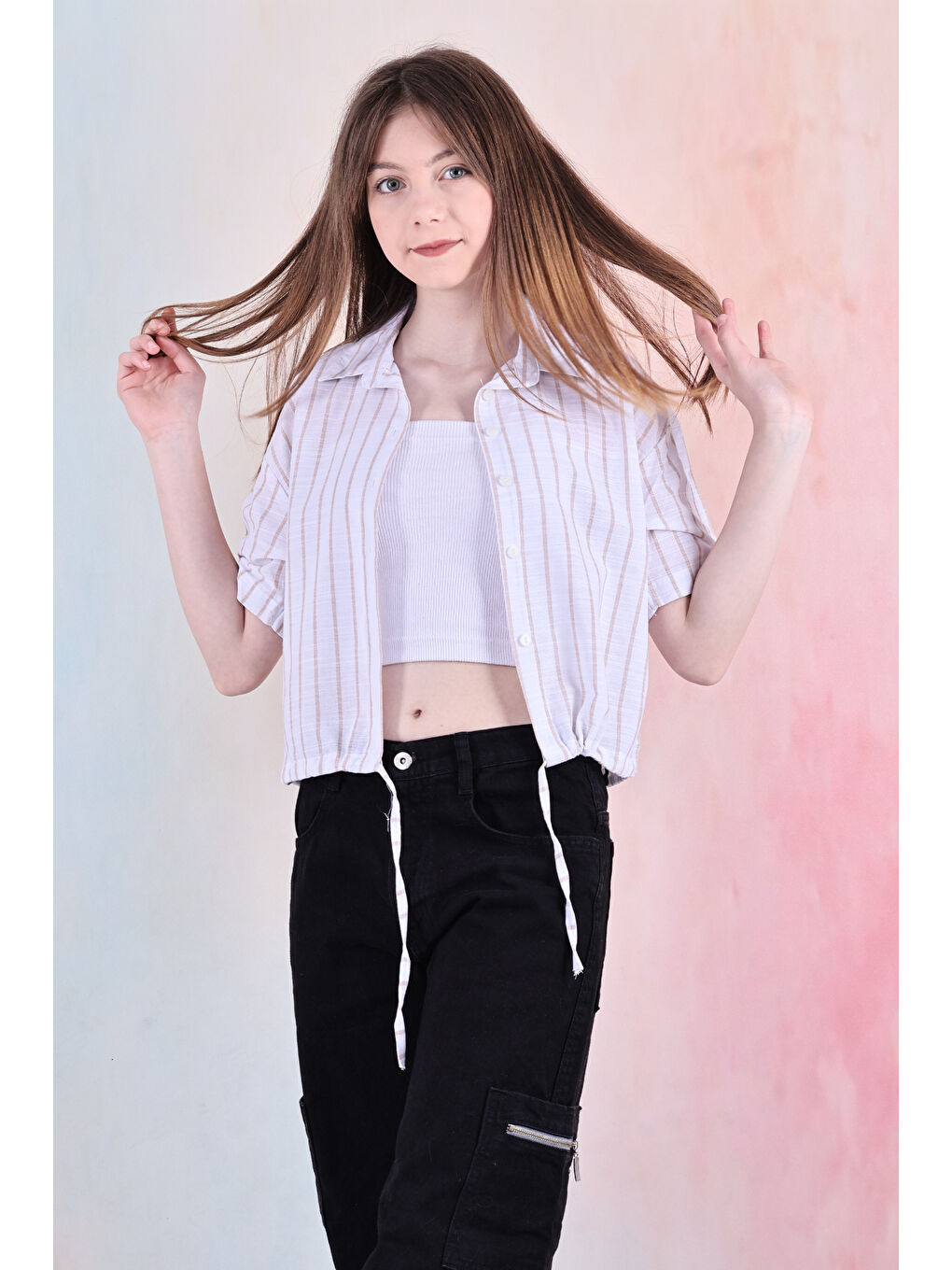 Kahverengi Kız Çocuk Bel Büzgü Detaylı Crop Gömlek 6-14 Yaş 12253-3