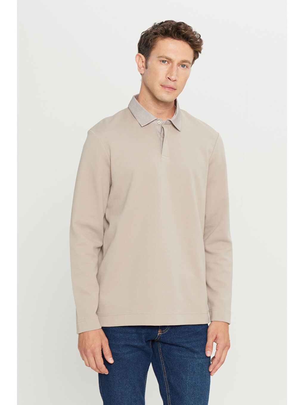 Erkek Bej Pamuklu Slim Fit Dar Kesim Polo Yaka Uzun Kollu Esnek Tişört
