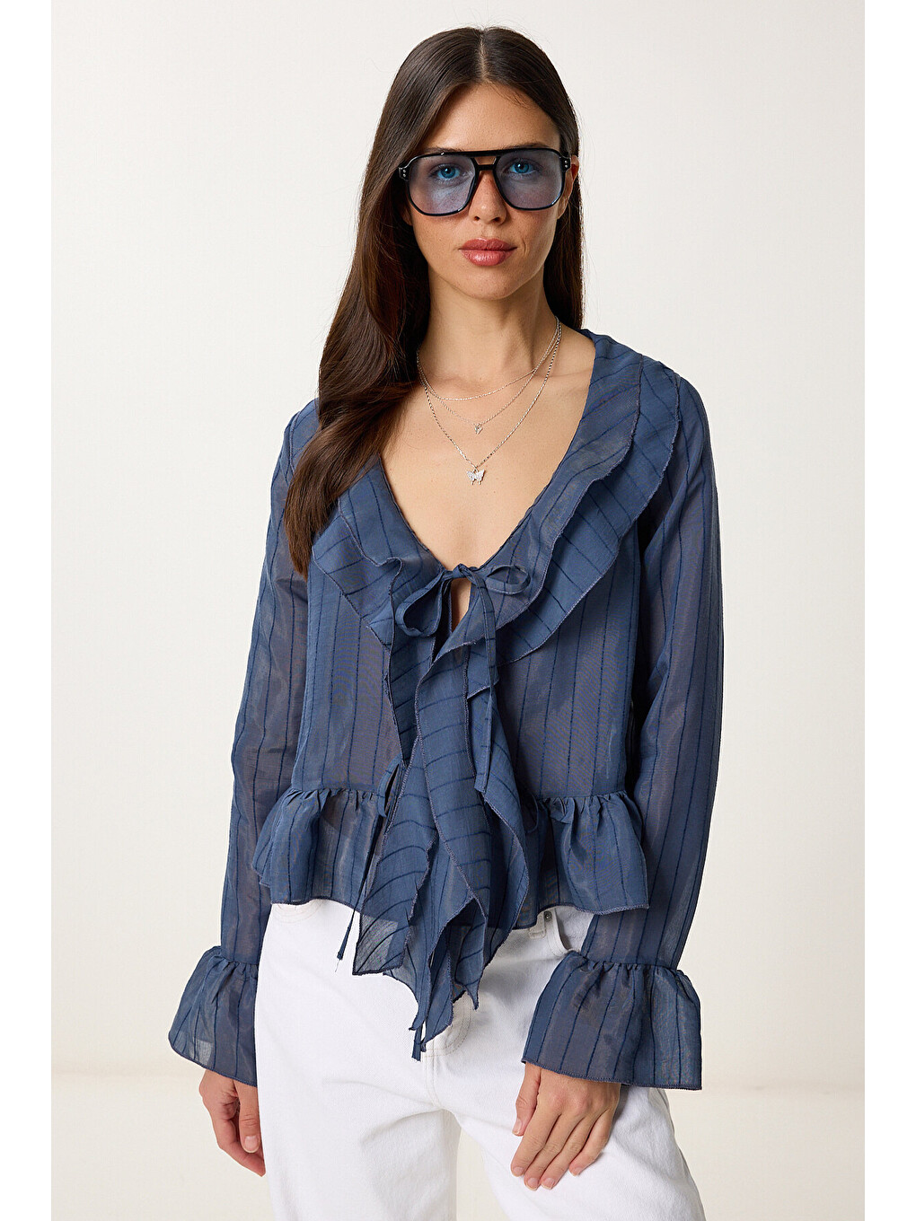 Lacivert Volanlı Transparan Dokuma Bluz LACİVERT LMX0089-1