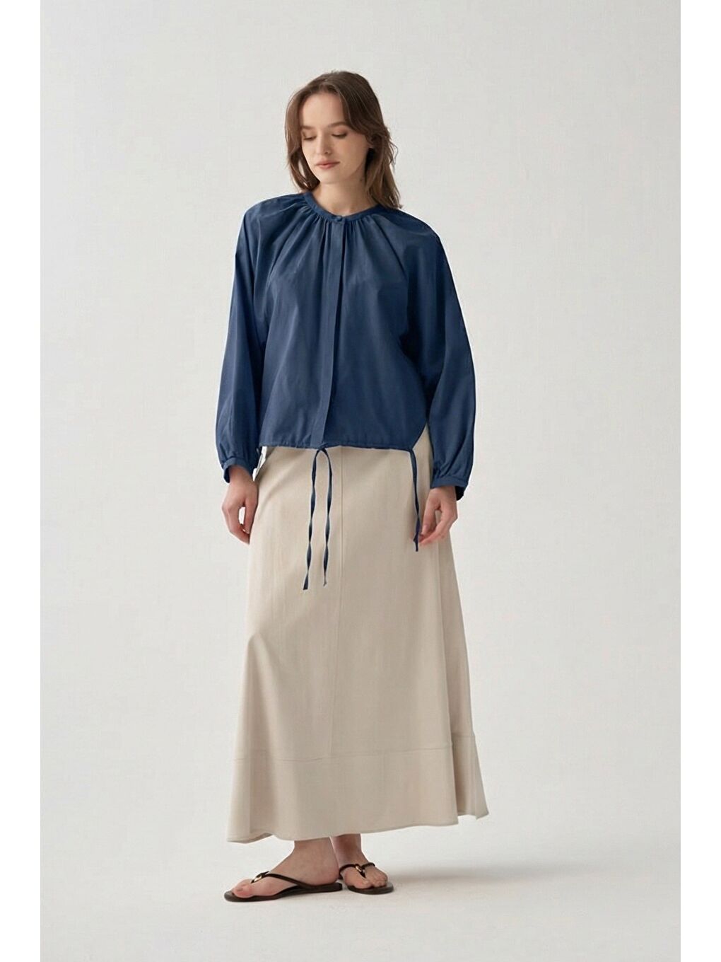 İndigo-Reglan Kollu Bağlamalı Gömlek-1