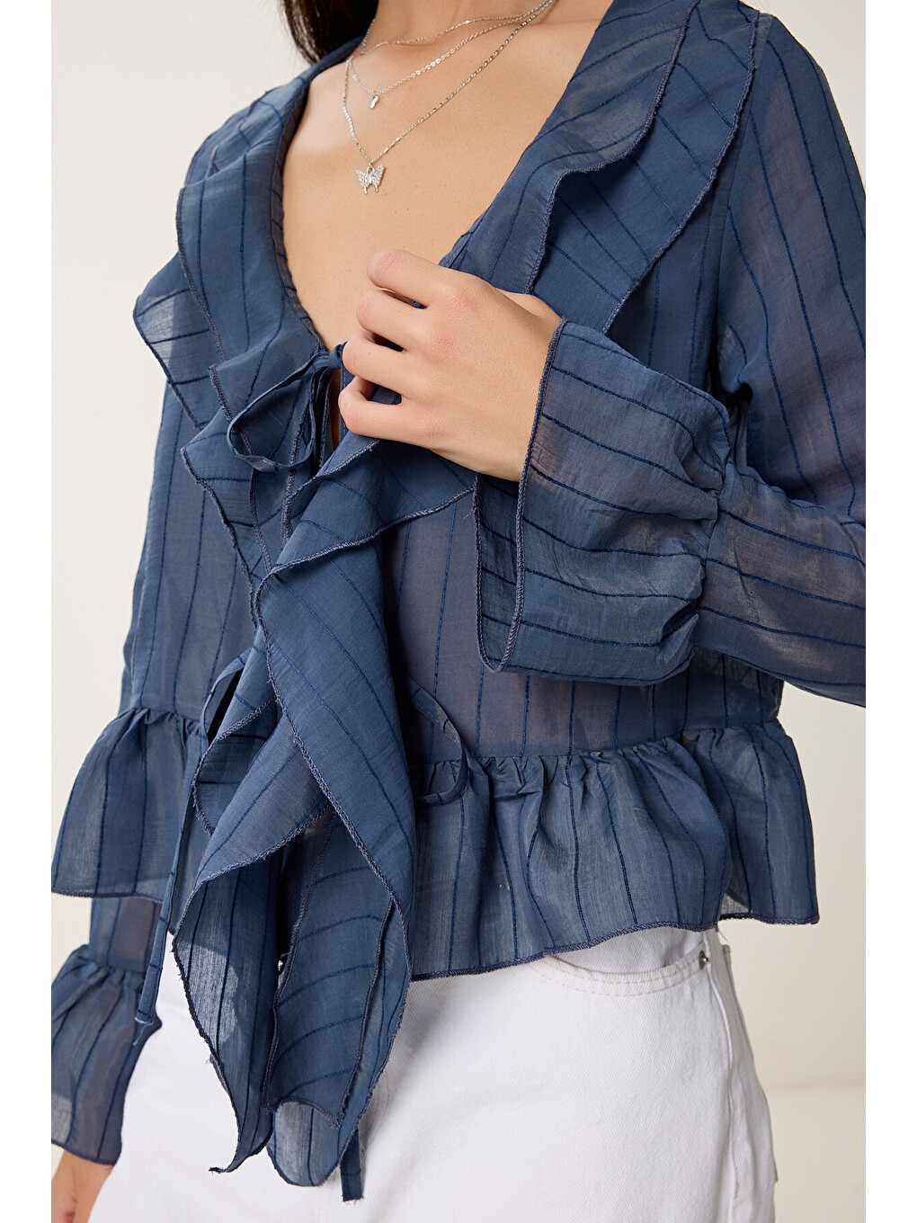 Lacivert Volanlı Transparan Dokuma Bluz LACİVERT LMX0089-2