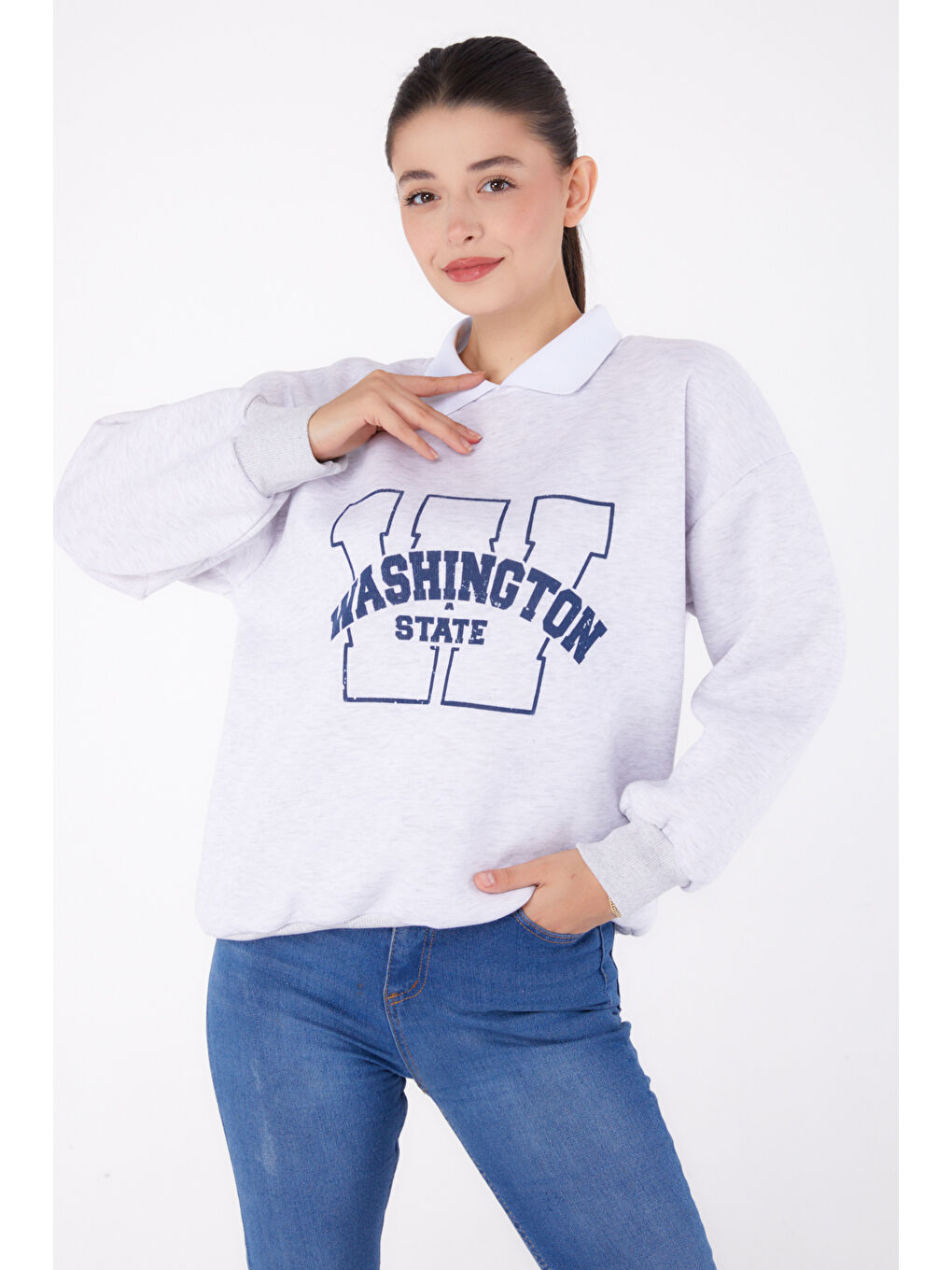 TOFİSA Düz Gömlek Yaka Kadın Gri Baskılı Sweatshirt - 26382