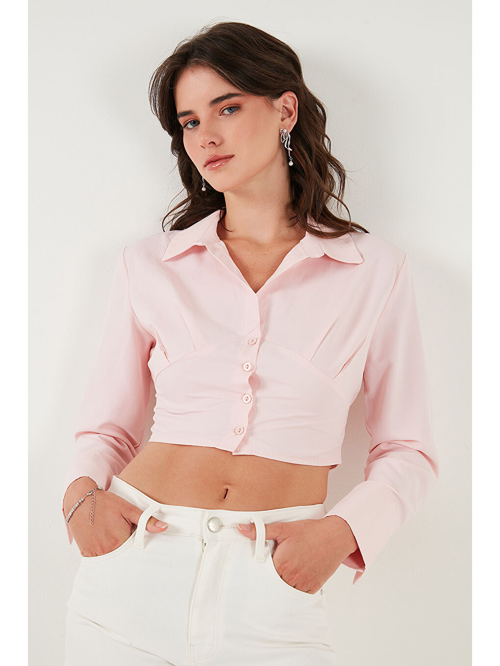 Pembe Fitted Fit Pamuklu Korse Detaylı Uzun Kollu Crop Gömlek 611GO00376-4