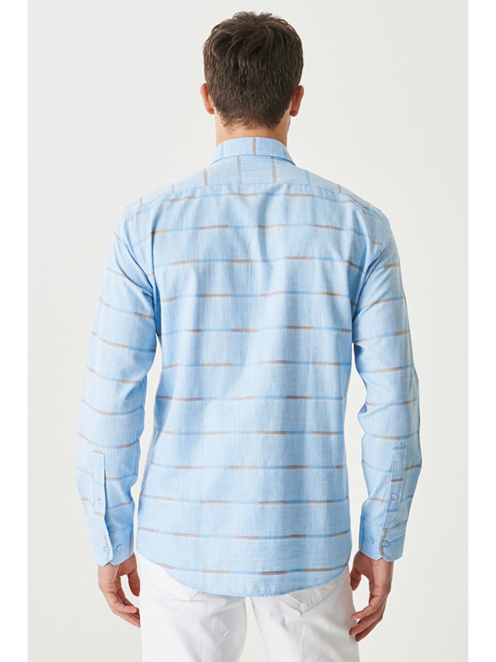 Erkek Açık Mavi Comfort Fit Rahat Kesim Düğmeli Yaka %100 Pamuk Çizgili Gömlek-3