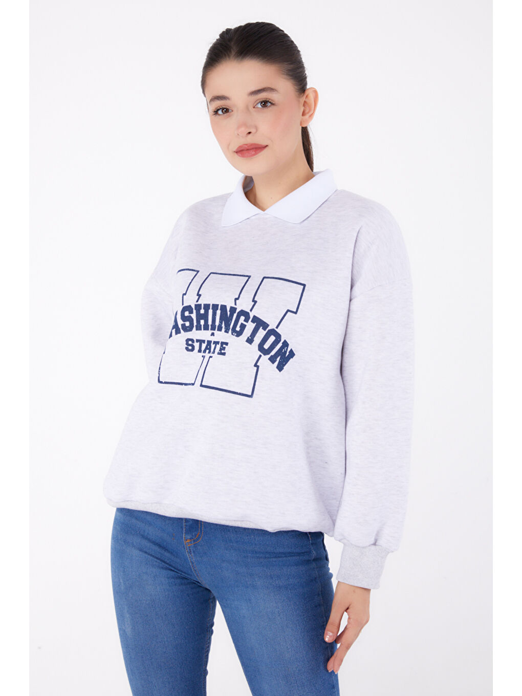 TOFİSA Düz Gömlek Yaka Kadın Gri Baskılı Sweatshirt - 26382 - 2