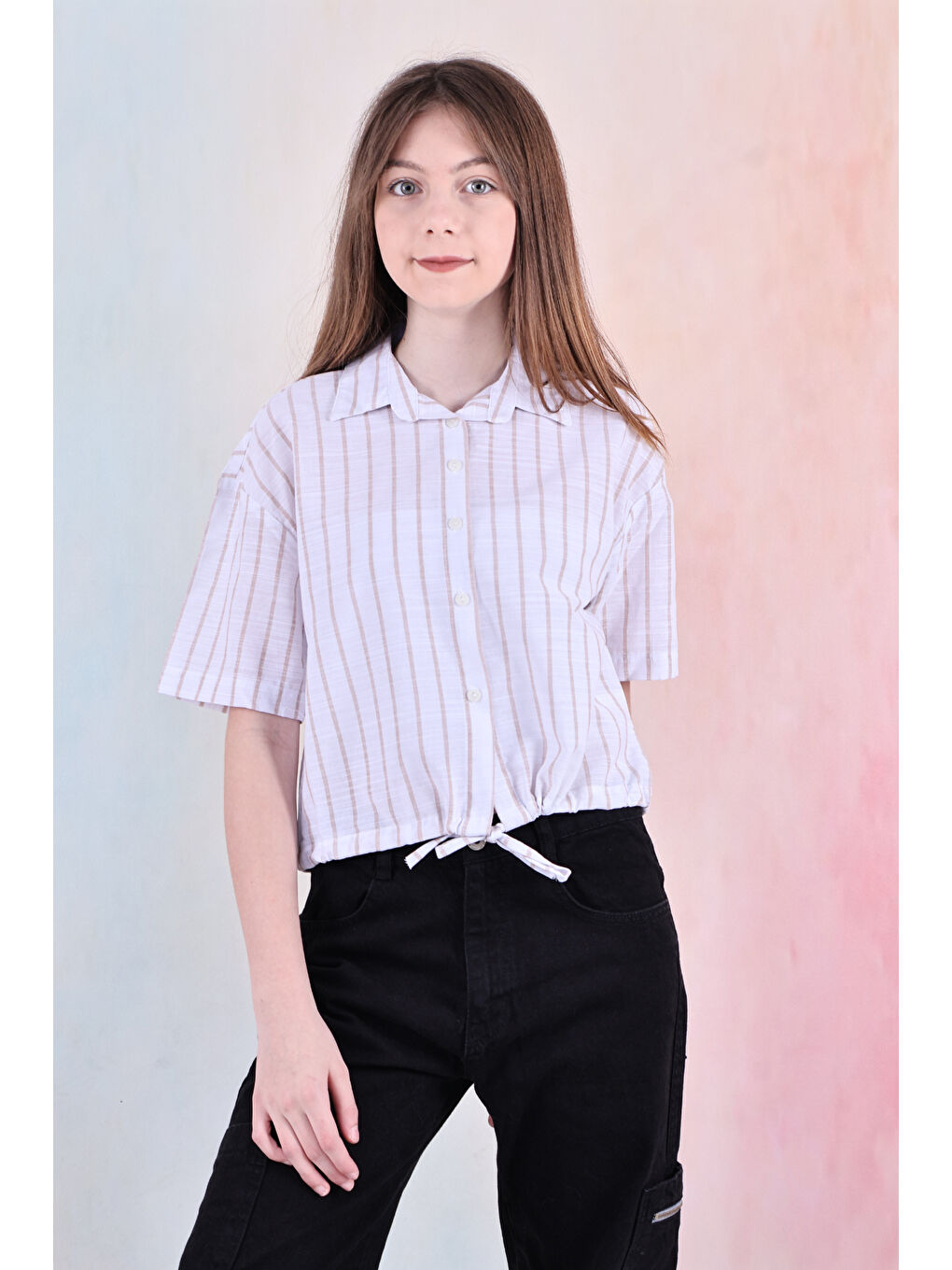 Kahverengi Kız Çocuk Bel Büzgü Detaylı Crop Gömlek 6-14 Yaş 12253-4