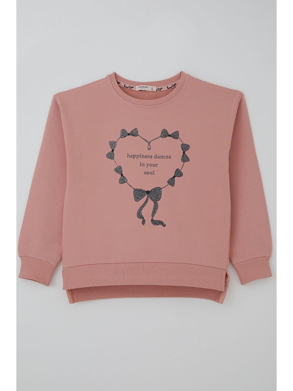 Pembe Kız Çocuk Sweatshirt Simli Kurdeleli Kalp Baskılı Gülkurusu (9-14 Yaş)