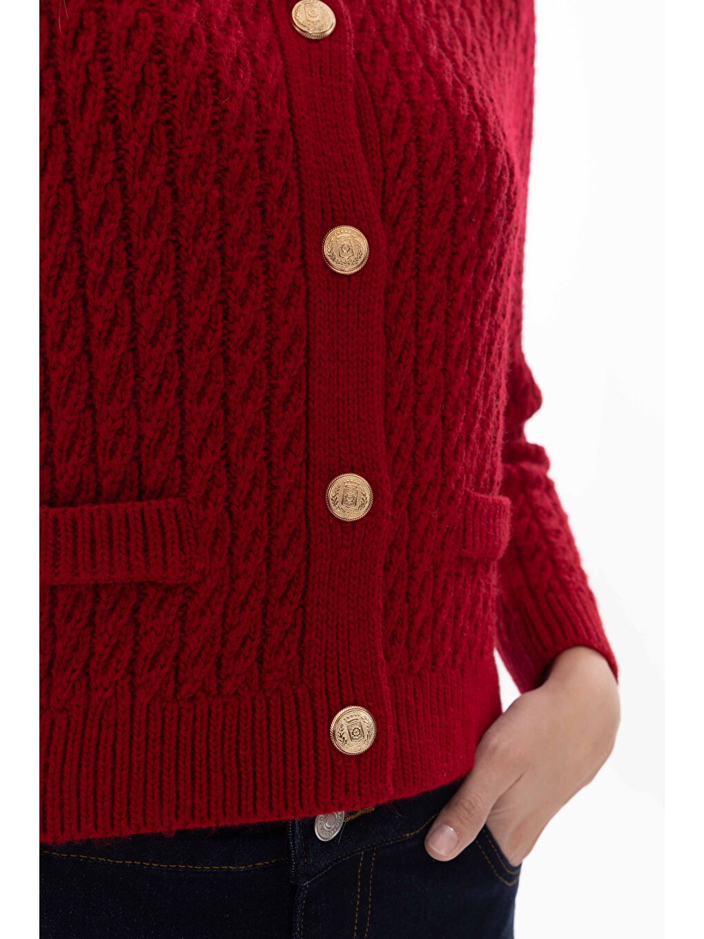 Breda - Düz ve Düğme Detaylı Triko Hırka  - Kırmızı Renk-2