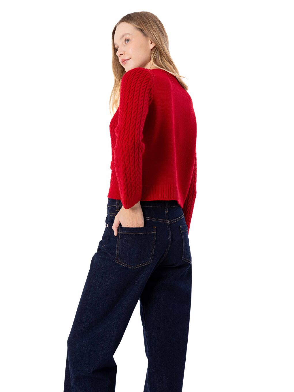 Breda - Düz ve Düğme Detaylı Triko Hırka  - Kırmızı Renk-3