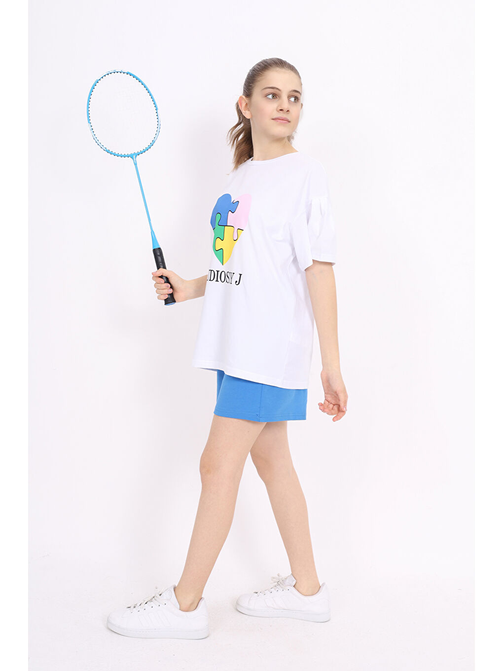 Mavi Kız Çocuk Baskılı Şortlu Takım-1