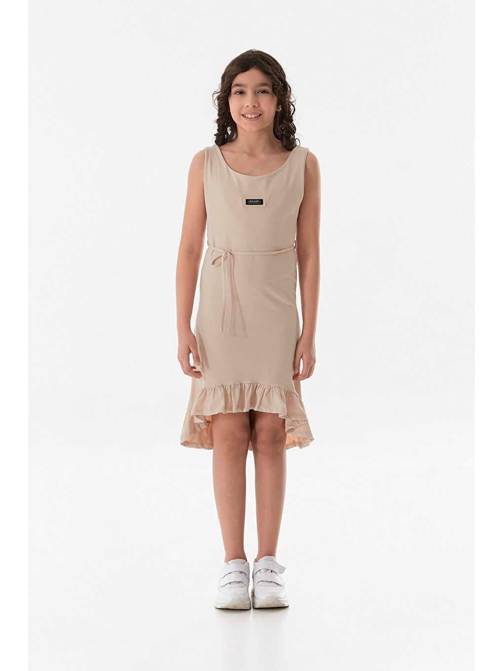 Bej Beli Bağlamalı Eteği Fırfırlı Kız Çocuk Elbise-1