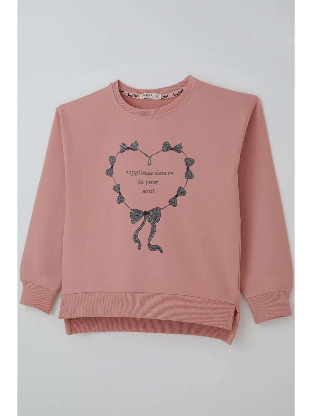 Pembe Kız Çocuk Sweatshirt Simli Kurdeleli Kalp Baskılı Gülkurusu (9-14 Yaş)-2