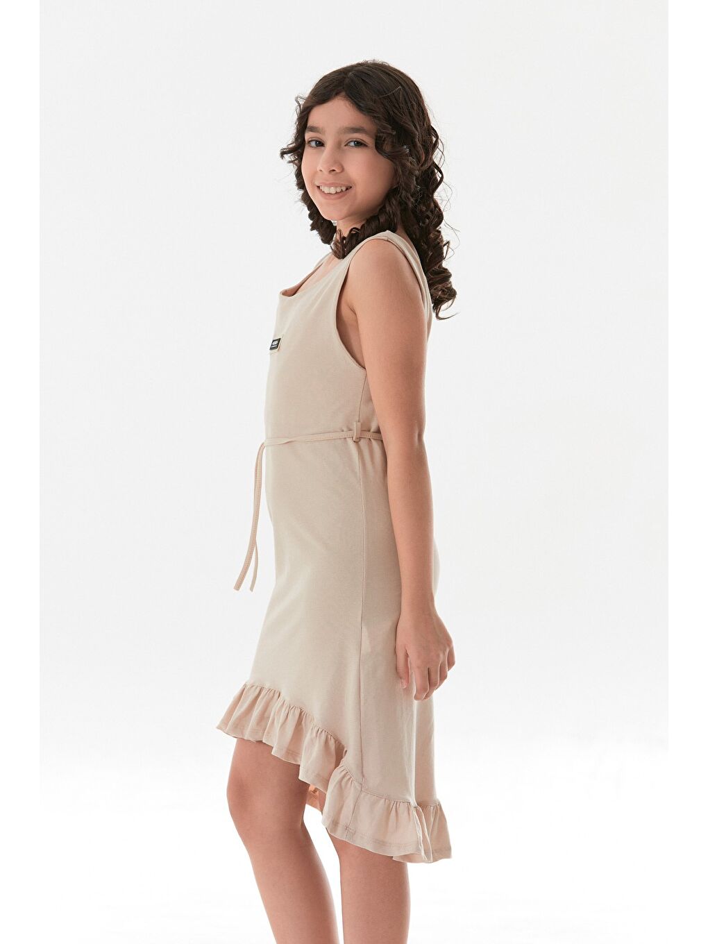 Bej Beli Bağlamalı Eteği Fırfırlı Kız Çocuk Elbise-2