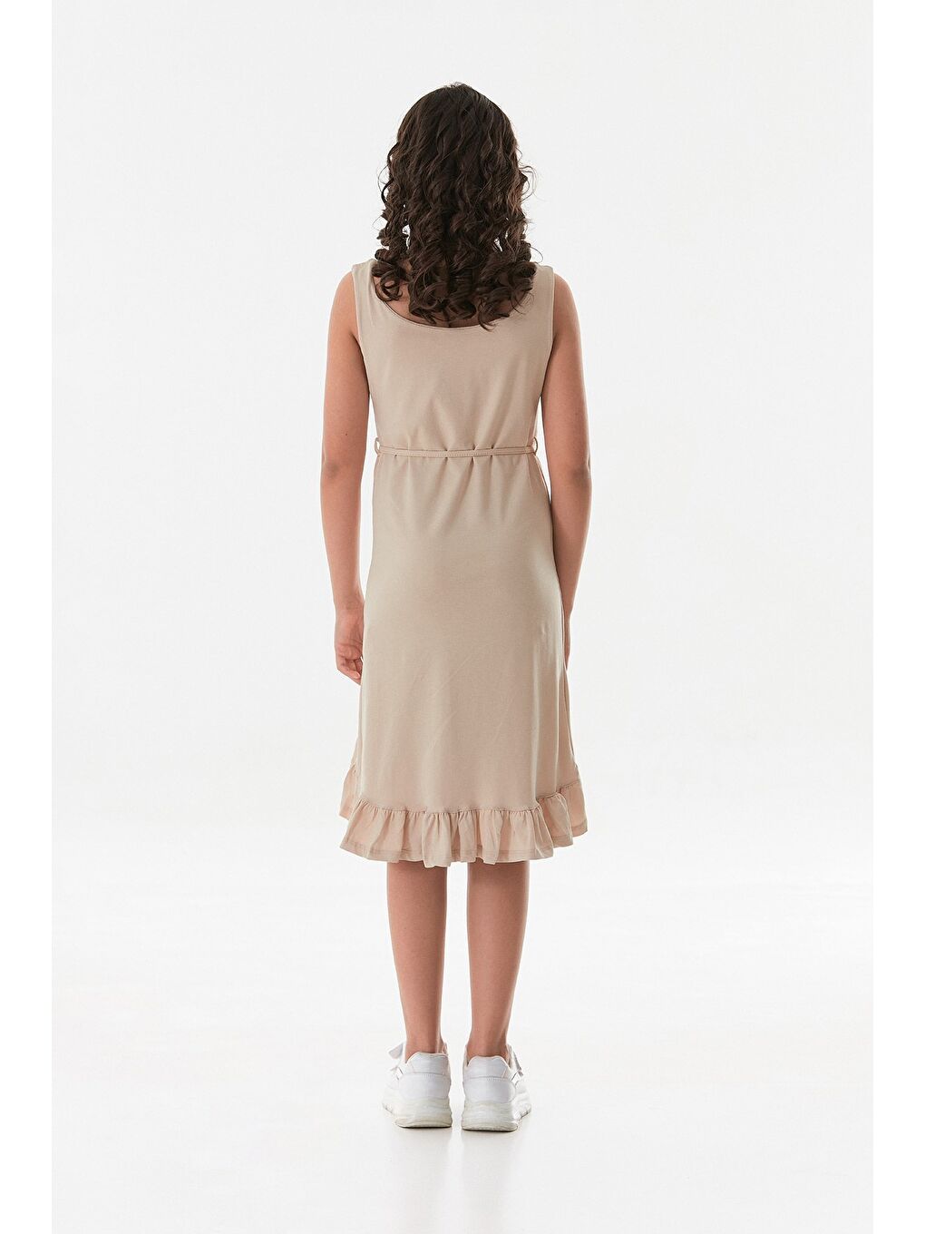 Bej Beli Bağlamalı Eteği Fırfırlı Kız Çocuk Elbise-3