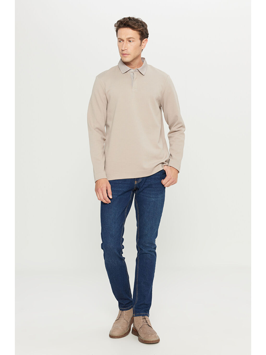 Erkek Bej Pamuklu Slim Fit Dar Kesim Polo Yaka Uzun Kollu Esnek Tişört-1