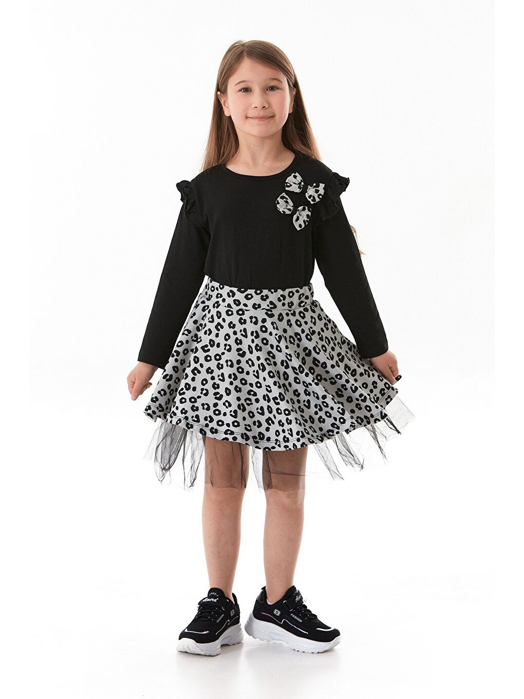 Gri Leopar Desenli Fiyonklu Tüllü Kız Çocuk Elbise