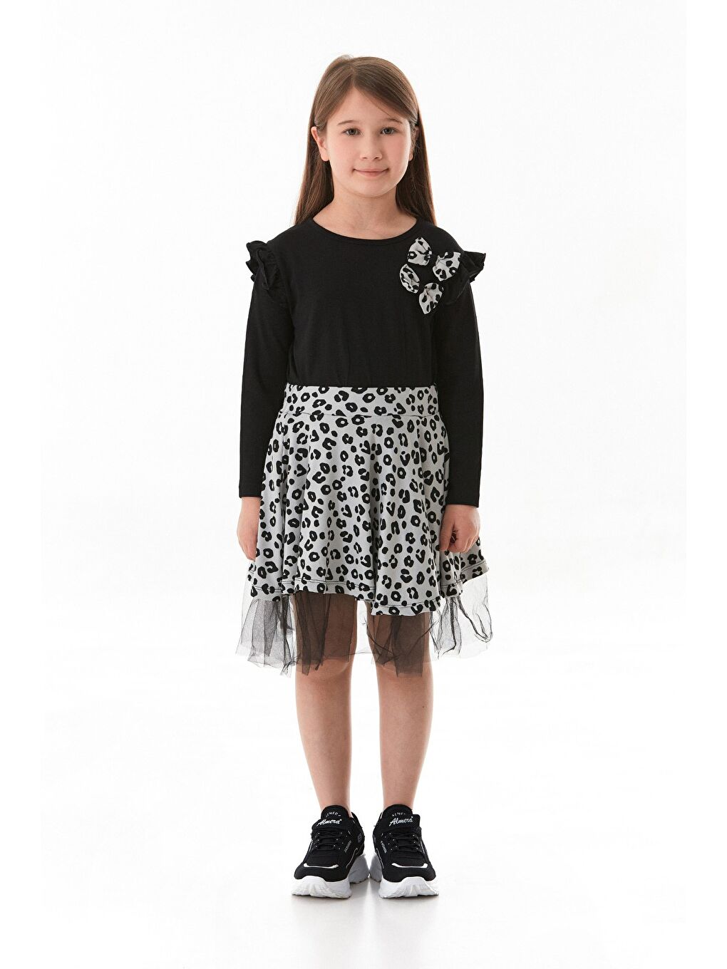 Gri Leopar Desenli Fiyonklu Tüllü Kız Çocuk Elbise-1