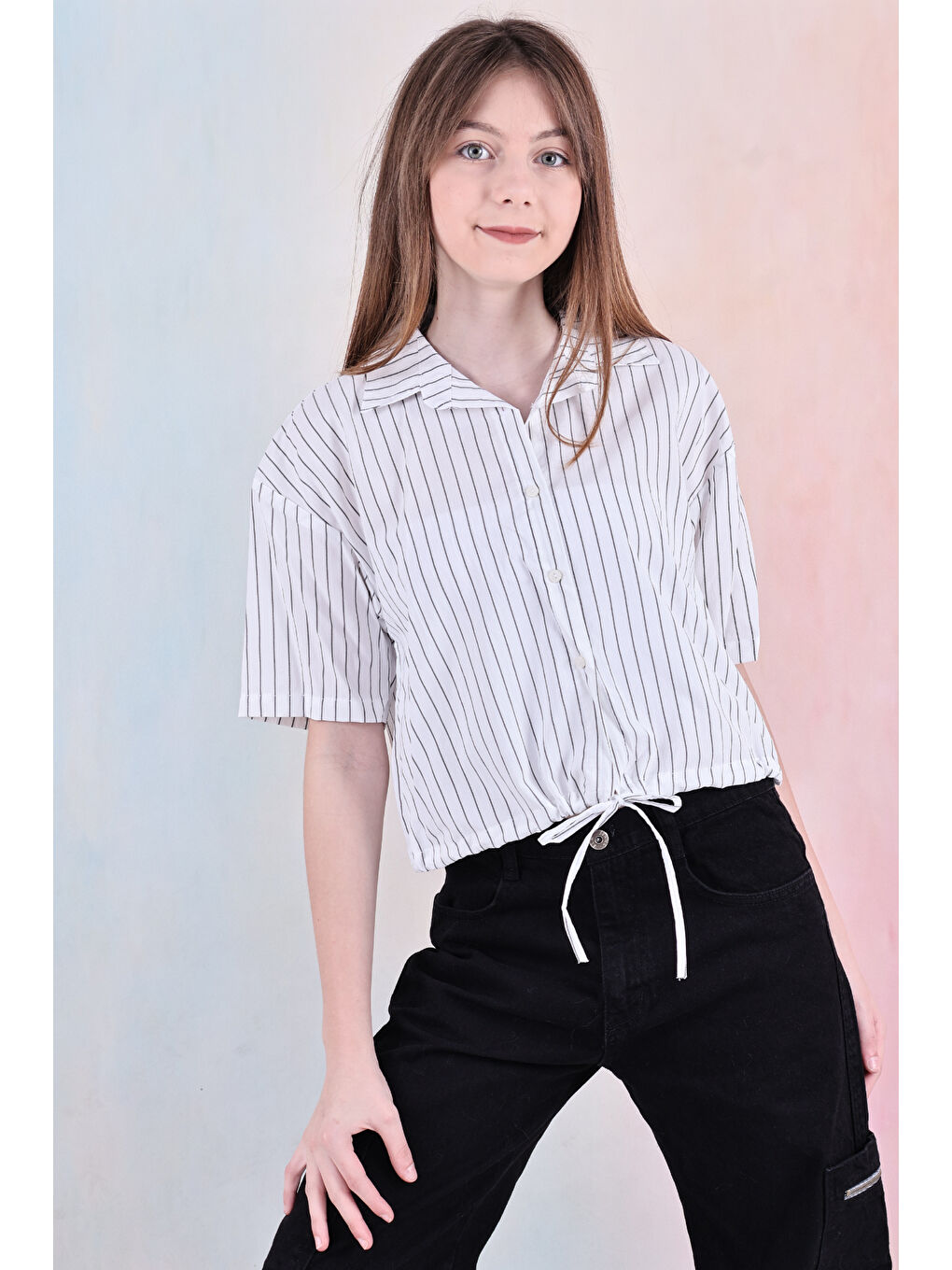 Haki Kız Çocuk Bel Büzgü Detaylı Crop Gömlek 6-14 Yaş 12253