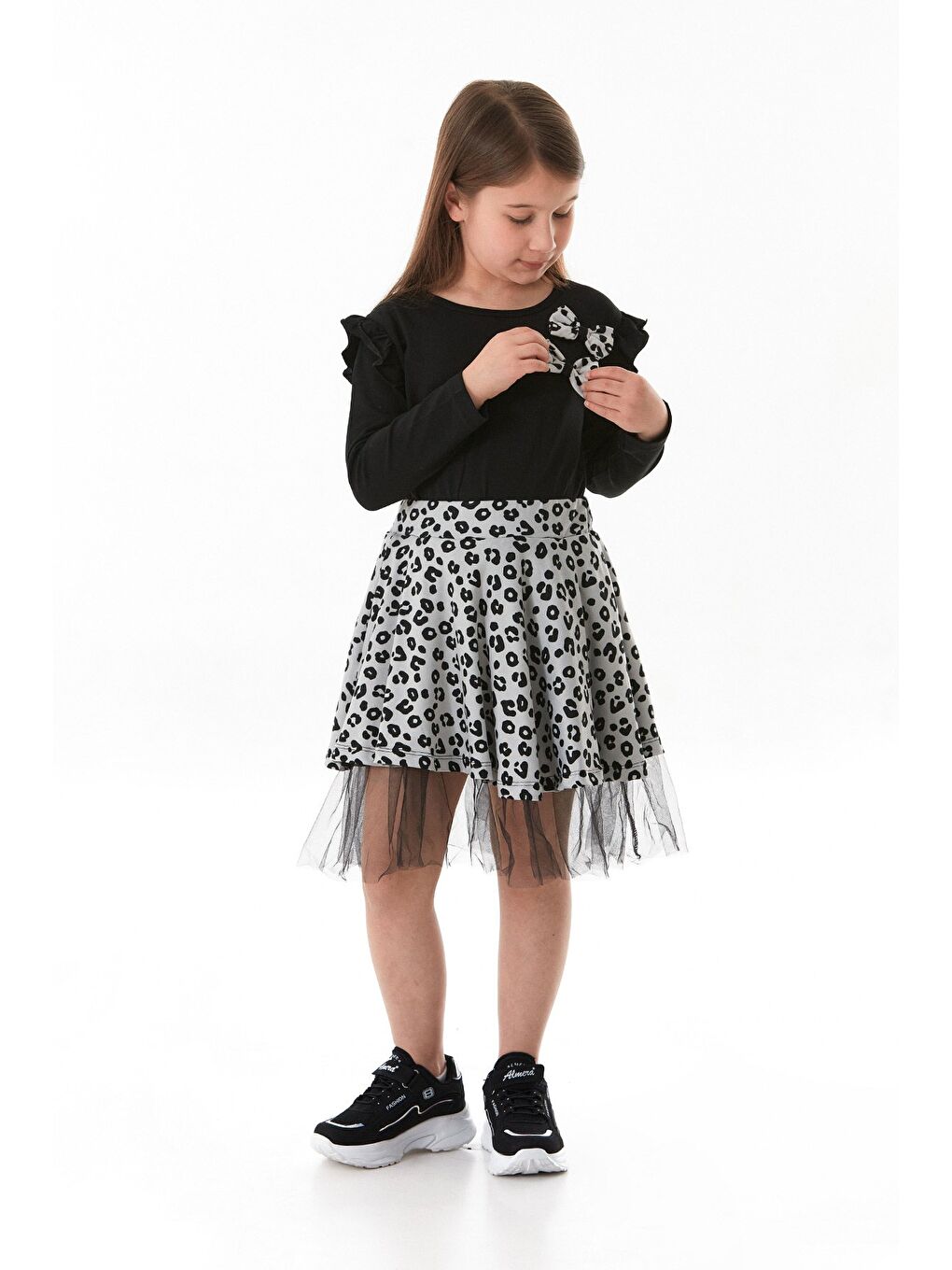 Gri Leopar Desenli Fiyonklu Tüllü Kız Çocuk Elbise-4