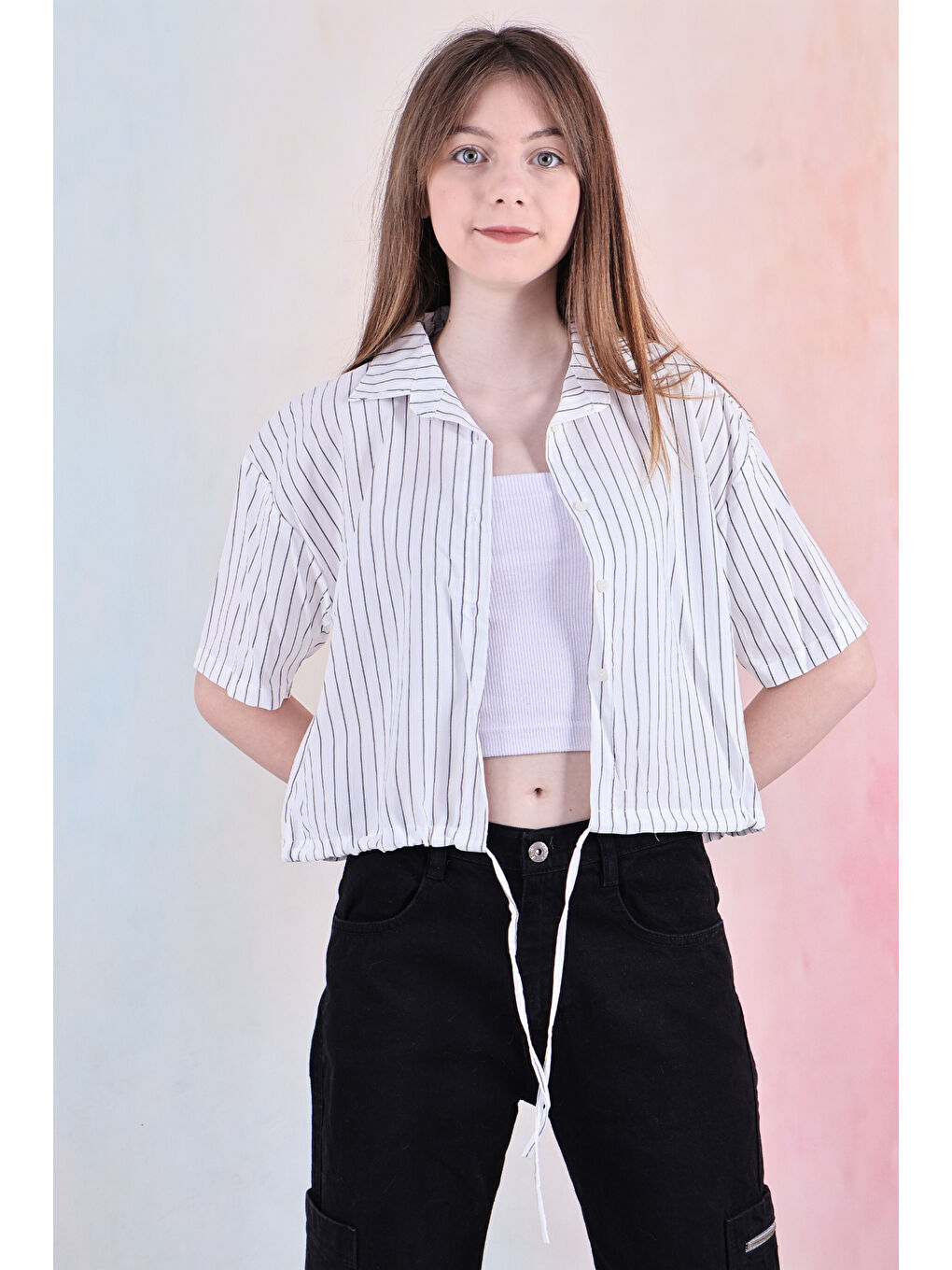 Haki Kız Çocuk Bel Büzgü Detaylı Crop Gömlek 6-14 Yaş 12253-1